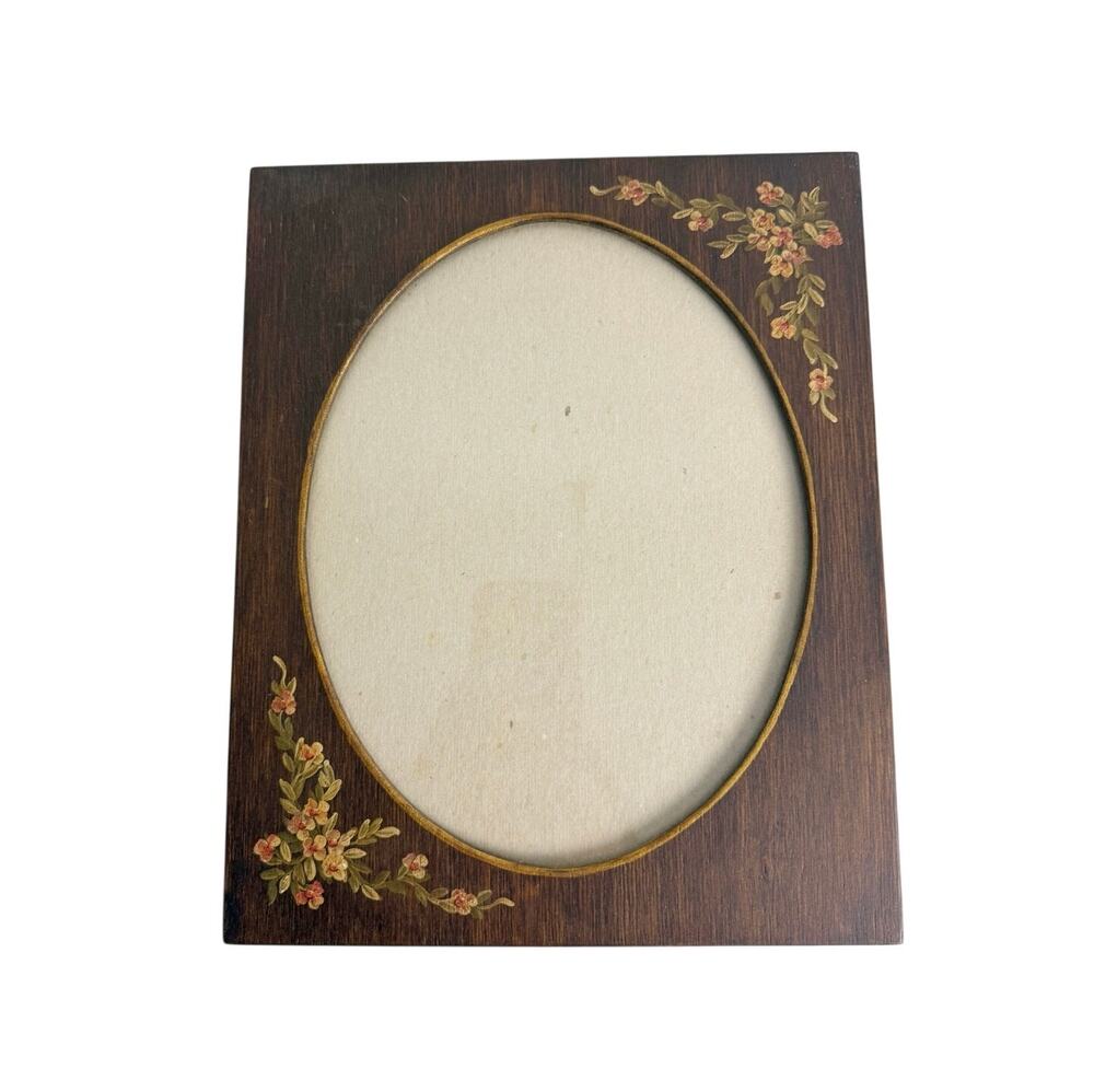 Vintage El Arte El Salvador Hand Painted Wood Picture Frame Oval Floral 11 x 9